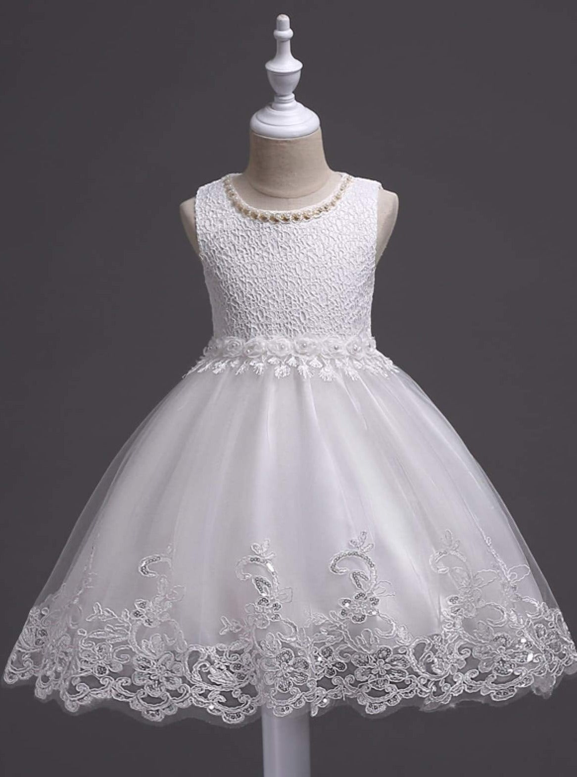 Girls Communion Dress | Sleeveless Embroidered Pearl Embellished Dress