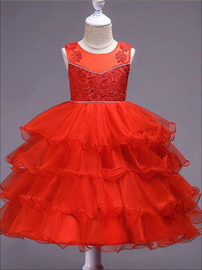 Girls Sleeveless Embroidered Ruffled Flower Girl & Special Occasion Dress - Girls Spring Dressy Dress