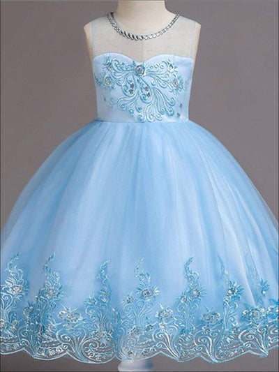 Girls Sleeveless Faux Crystal Neckline Sequin & Lace Embroidery Special Occasion Party Dress - Blue / 3T - Girls Spring Dressy Dress