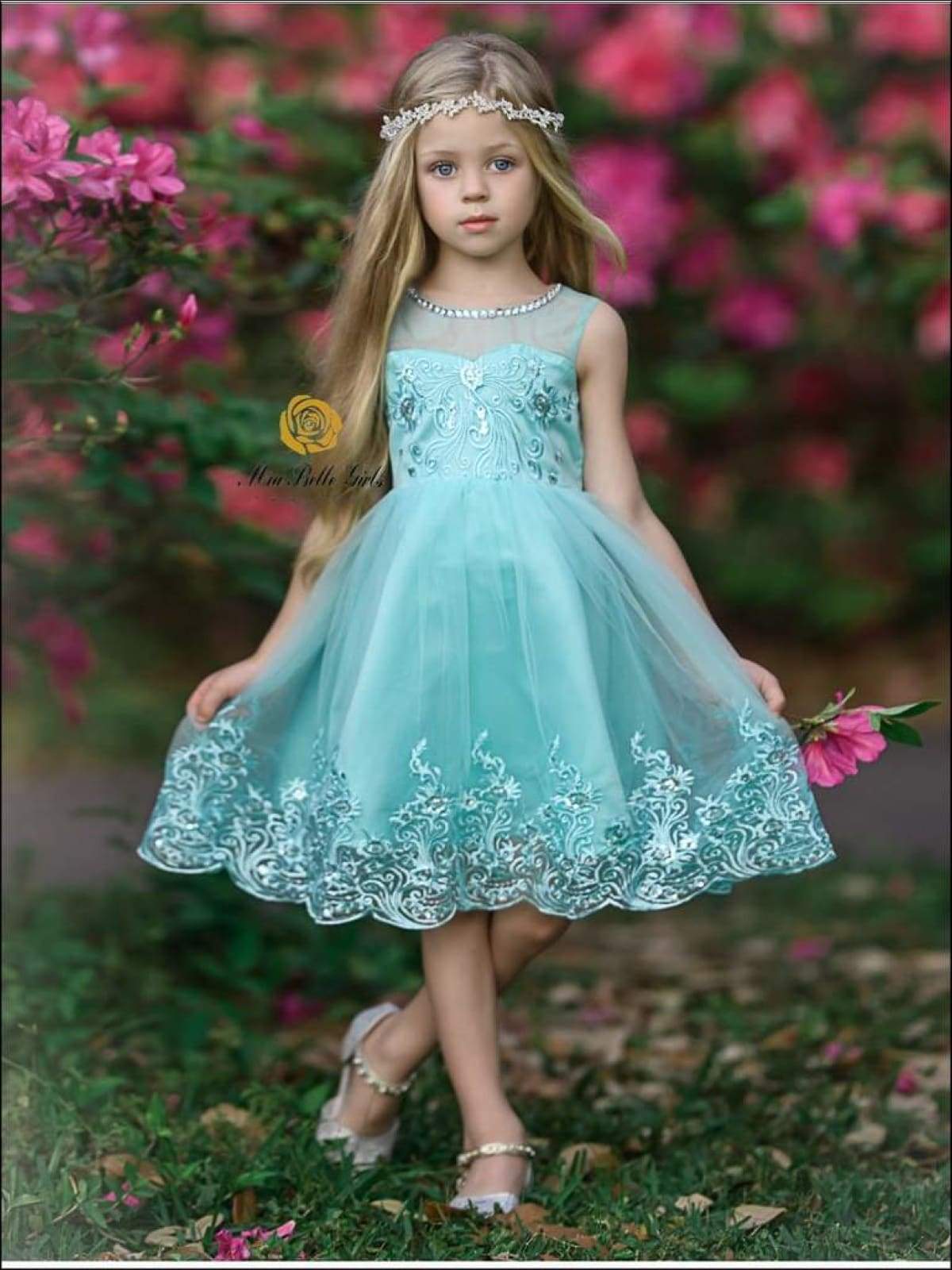 Girls Sleeveless Faux Crystal Neckline Sequin & Lace Embroidery Special Occasion Party Dress - Green / 3T - Girls Spring Dressy Dress