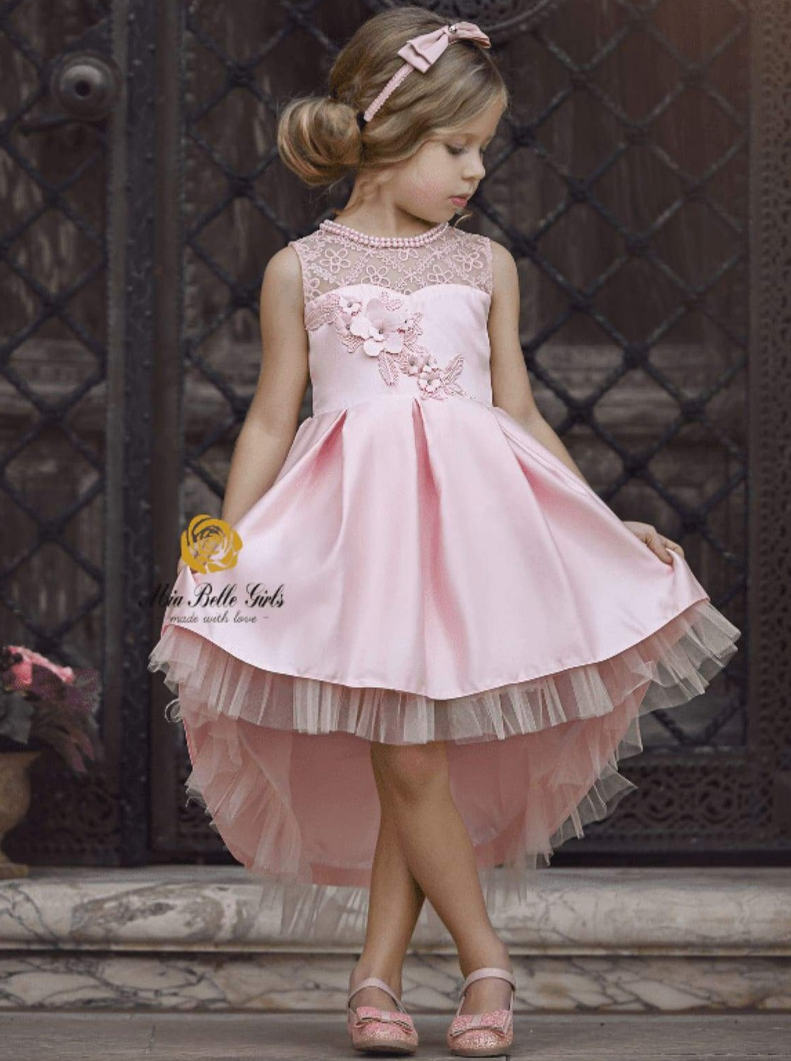 Children Formal Dress | Girls Pink Floral Hi-Lo Pleated Princess Dress