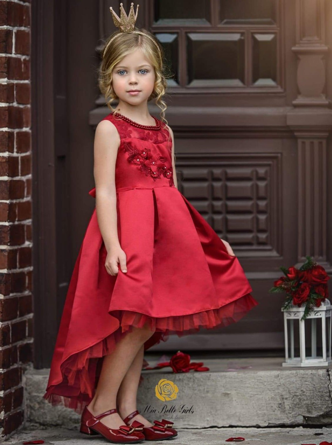 Girls Party Dresses | Beaded Collar Embroidered Satin Hi-Lo Dress