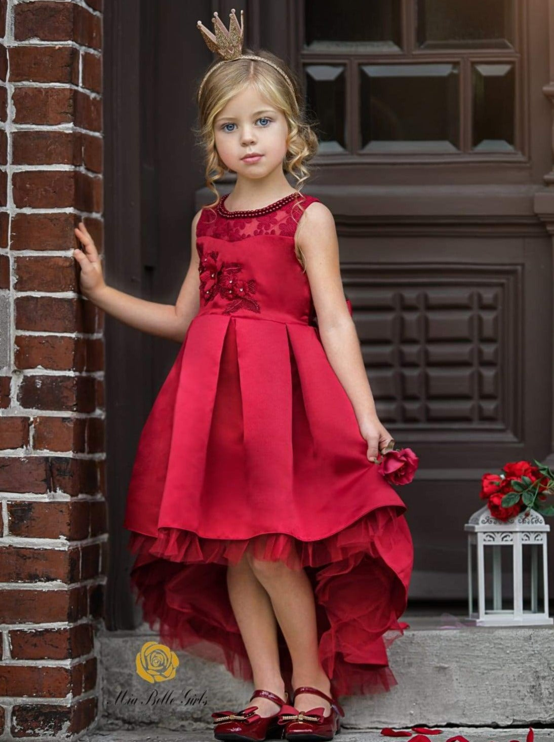 Girls Party Dresses | Beaded Collar Embroidered Satin Hi-Lo Dress