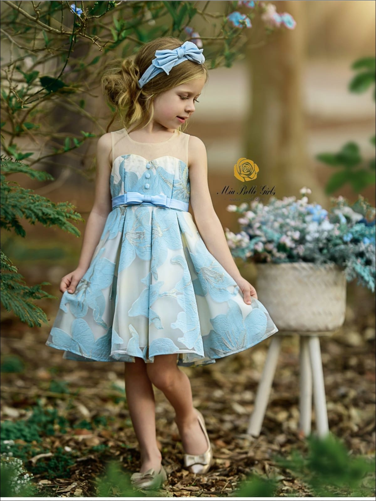 Girls Sleeveless Floral Embroidered Pleated Special Occasion Dress - Blue / 3T - Girls Spring Dressy Dress