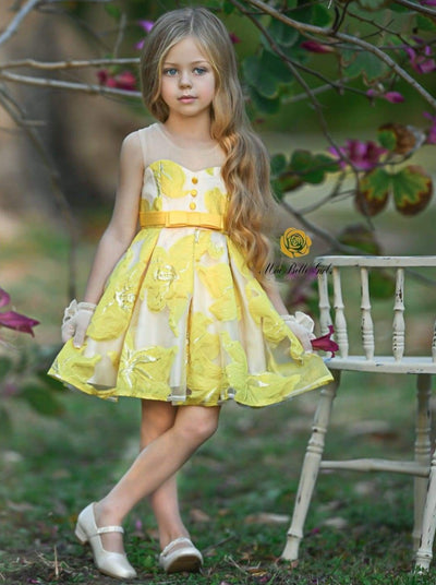 Girls Sleeveless Floral Embroidered Pleated Special Occasion Dress - Yellow / 3T - Girls Spring Dressy Dress