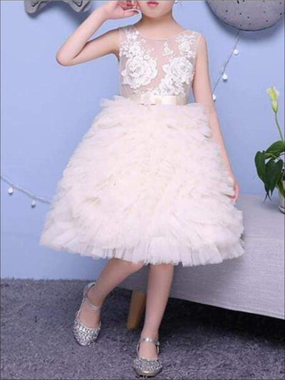 Girls Sleeveless Floral Embroidered Tiered Communion Flower Girl & Special Occasion Party Dress - Girls Spring Dressy Dress