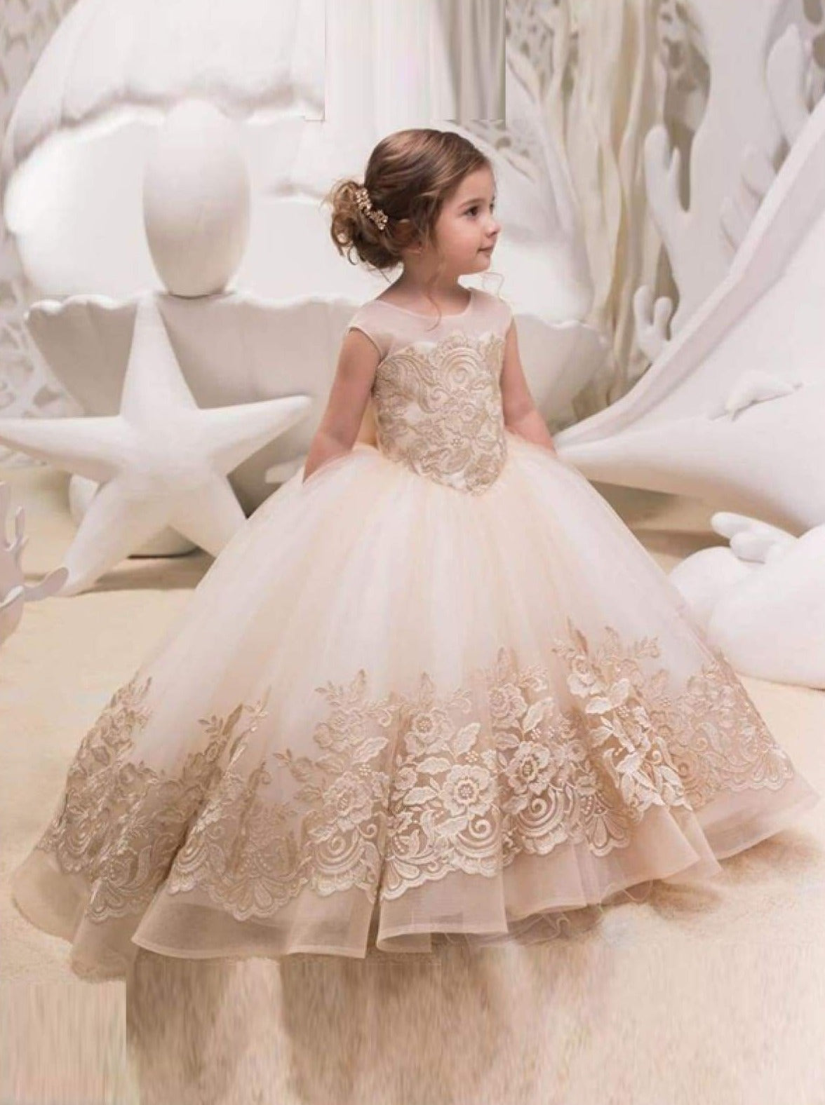 Mia Belle Girls Communion Dresses | Champagne Embroidered Gown