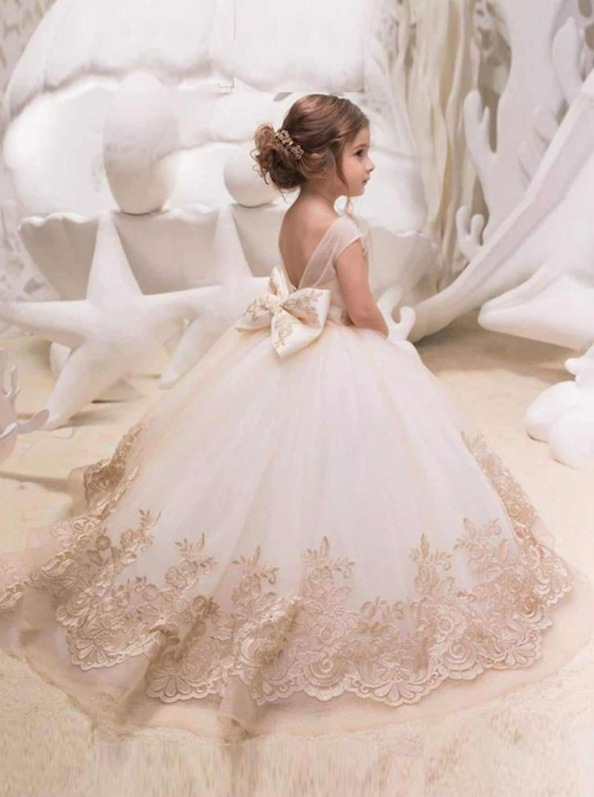 Mia Belle Girls Communion Dresses | Champagne Embroidered Gown