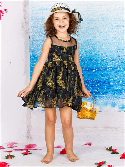 Girls Sleeveless Floral Print A-Line Dress with Matching Hat - Black / 4T - Girls Spring Casual Dress