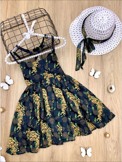 Girls Sleeveless Floral Print A-Line Dress with Matching Hat - Black / 4T - Girls Spring Casual Dress