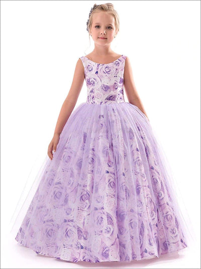 Girls Sleeveless Floral Print Floor Length Special Occasion Dress - Purple / 6Y - Girls Spring Dressy Dress
