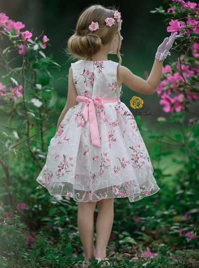 Girls Sleeveless Floral Print Special Occasion Party Dress with Flower Sash - Girls Spring Dressy Dress