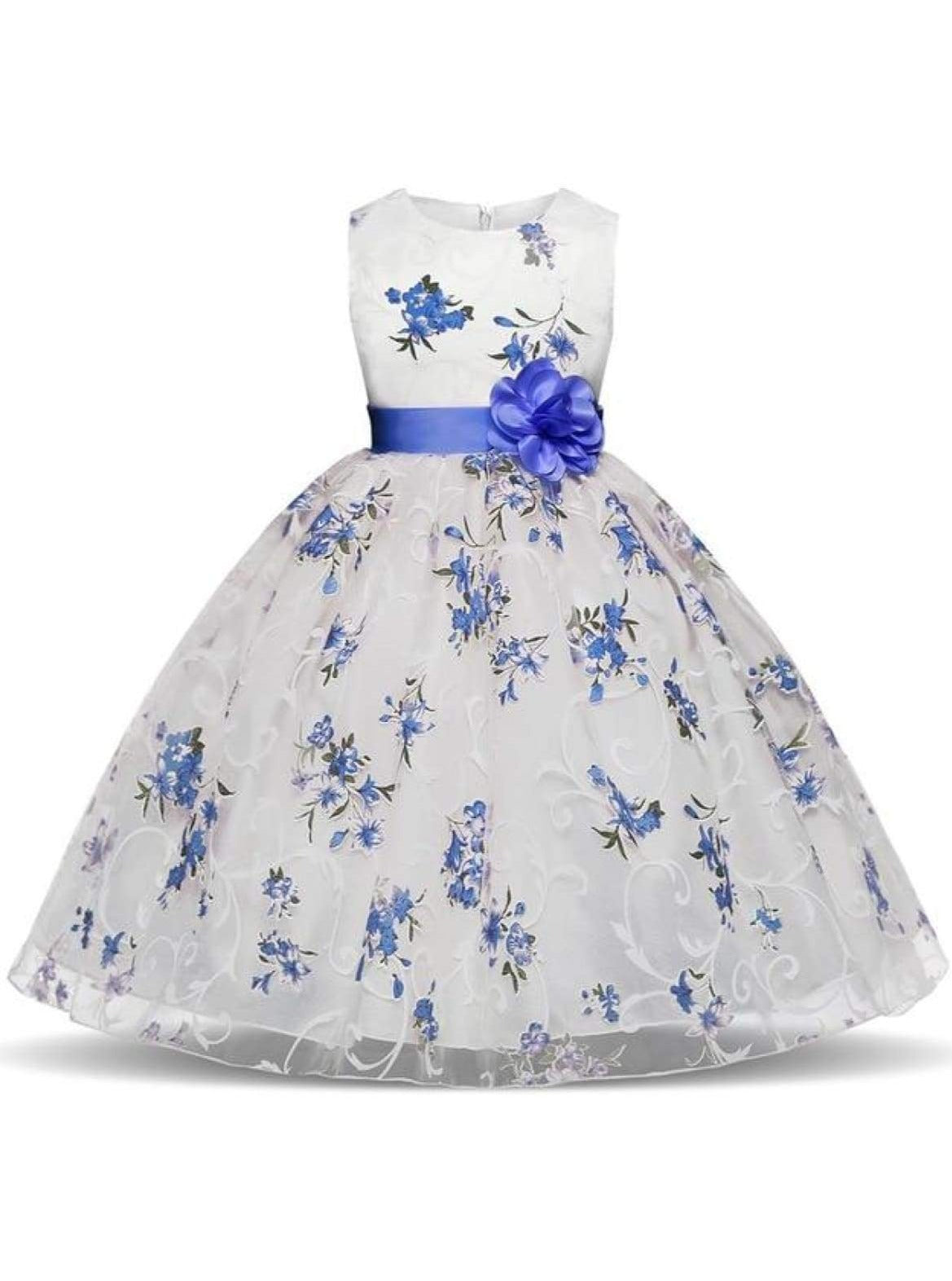 Girls Sleeveless Floral Print Special Occasion Party Dress with Flower Sash - Blue / 3T - Girls Spring Dressy Dress