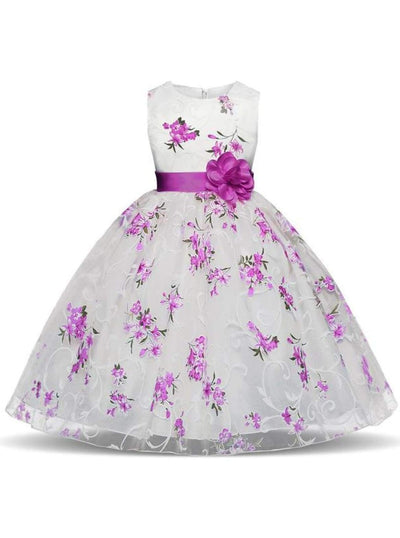 Girls Sleeveless Floral Print Special Occasion Party Dress with Flower Sash - Purple / 3T - Girls Spring Dressy Dress