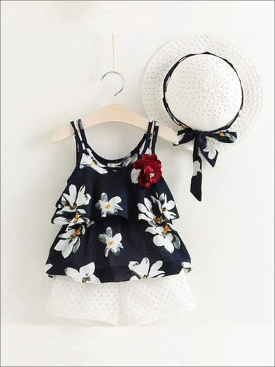 Girls Sleeveless Floral Print Tunic & White Shorts Set with Matching Sun Hat - Blue / 2T - Casual Spring Set