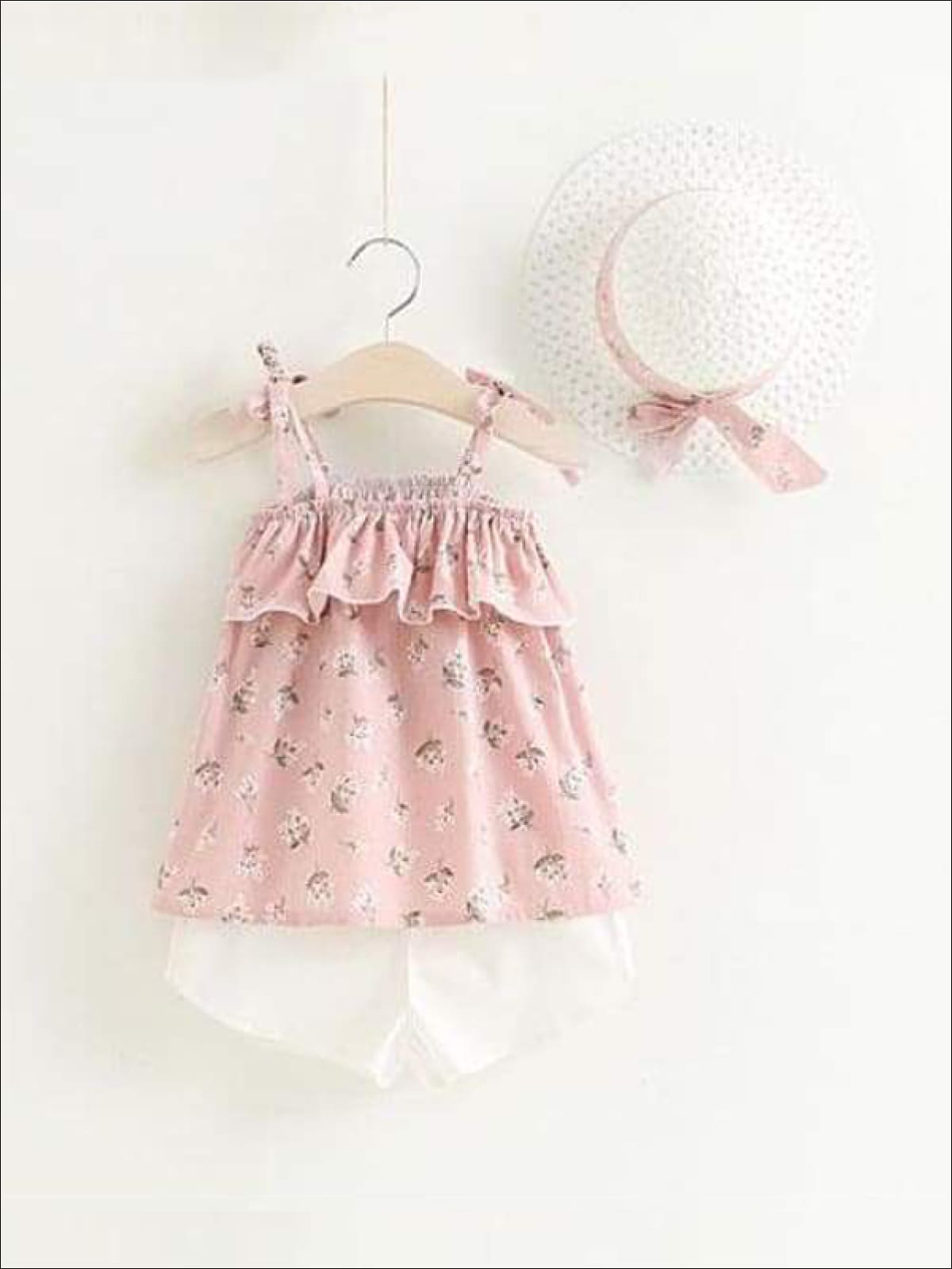Girls Sleeveless Floral Print Tunic & White Shorts Set with Matching Sun Hat - Pink / 2T - Casual Spring Set