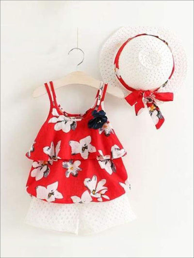 Girls Sleeveless Floral Print Tunic & White Shorts Set with Matching Sun Hat - Red / 2T - Casual Spring Set