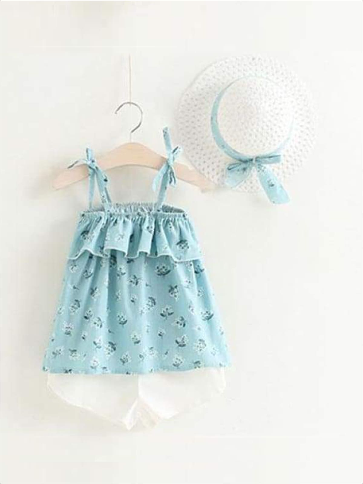 Girls Sleeveless Floral Print Tunic & White Shorts Set with Matching Sun Hat - Sky Blue / 2T - Casual Spring Set