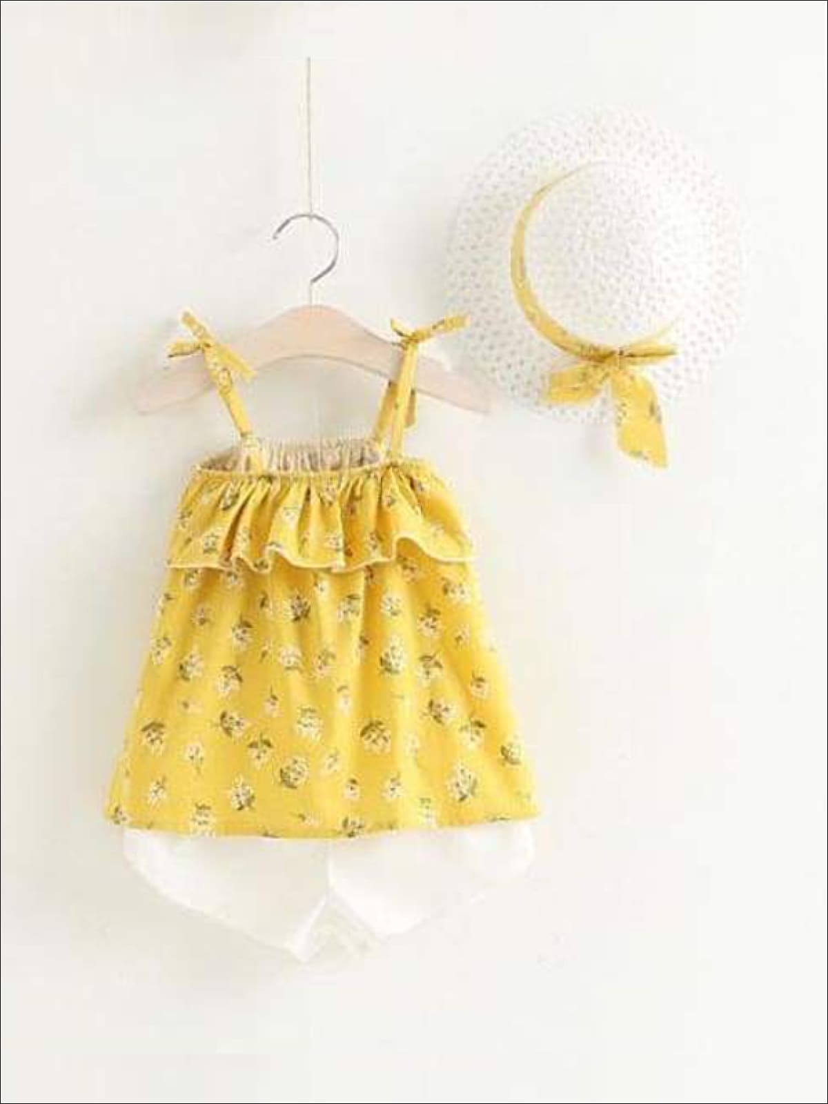 Girls Sleeveless Floral Print Tunic & White Shorts Set with Matching Sun Hat - Yellow / 2T - Casual Spring Set