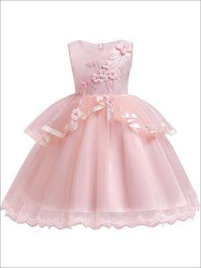 Girls Sleeveless Flower Applique Tiered Ruffle Special Occasion Dress - Girls Fall Dressy Dresses