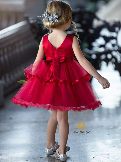 Girls Sleeveless Flower Applique Tiered Ruffle Special Occasion Dress - Girls Fall Dressy Dresses