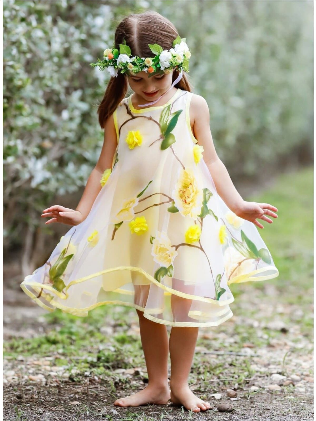 Girls Sleeveless Flower Mesh Lace Dress - Yellow / 4T/5Y - Girls Spring Dressy Dress