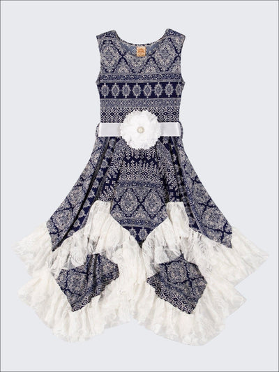 Girls Sleeveless Handkerchief Double Layer Ruffled Hem Dress with Flower Sash - Blue / 2T/3T - Girls Spring Dressy Dress