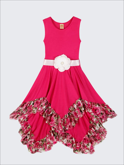 Girls Sleeveless Handkerchief Double Layer Ruffled Hem Dress with Flower Sash - Fuchsia / 2T/3T - Girls Spring Dressy Dress