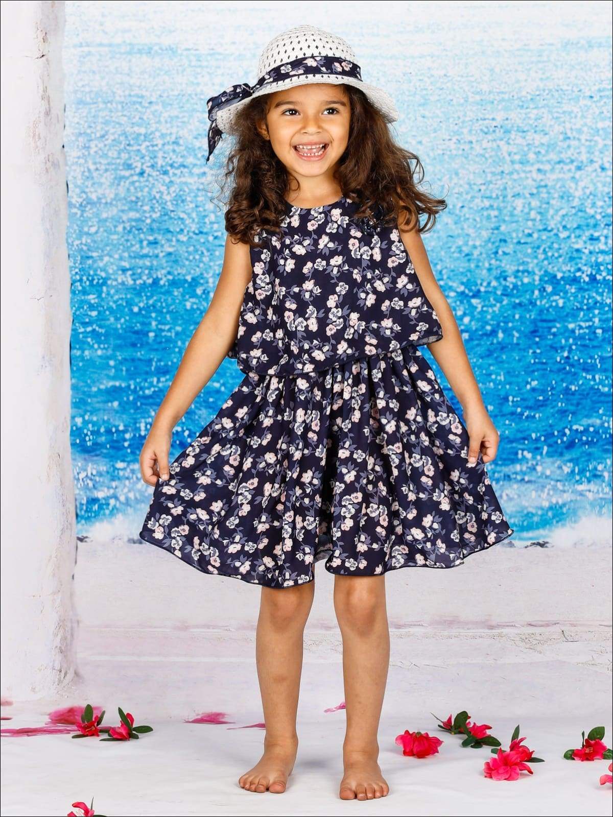 Girls Sleeveless Navy Floral Print Tiered Dress with Matching Hat - Girls Spring Casual Dress