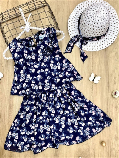 Girls Sleeveless Navy Floral Print Tiered Dress with Matching Hat - Blue / 4T/5Y - Girls Spring Casual Dress