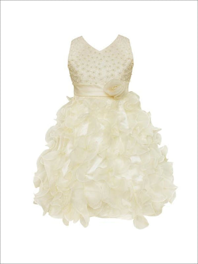 Girls Sleeveless Pearl Ruffled Communion Flower Girl & Special Occasion Dress - Champagne / 3T - Girls Spring Dressy Dress