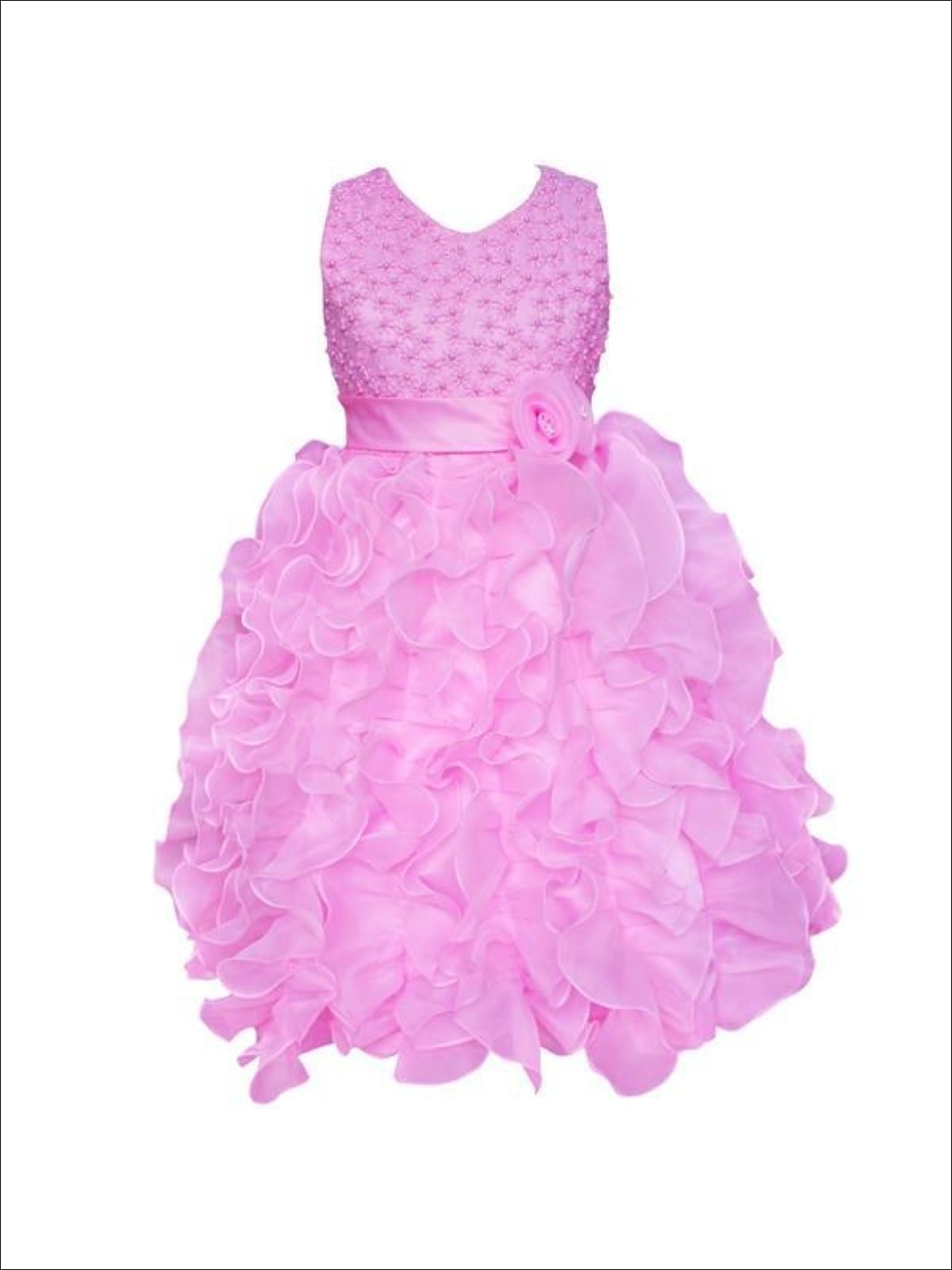 Girls Sleeveless Pearl Ruffled Communion Flower Girl & Special Occasion Dress - Pink / 3T - Girls Spring Dressy Dress