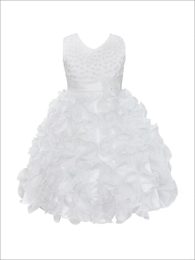 Girls Sleeveless Pearl Ruffled Communion Flower Girl & Special Occasion Dress - White / 3T - Girls Spring Dressy Dress