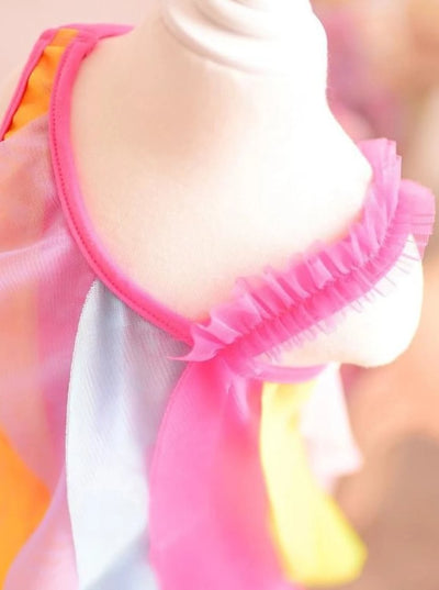 Girls Sleeveless Rainbow Cascading Ruffle Dress with Matching Necklace - Girls Spring Dressy Dress