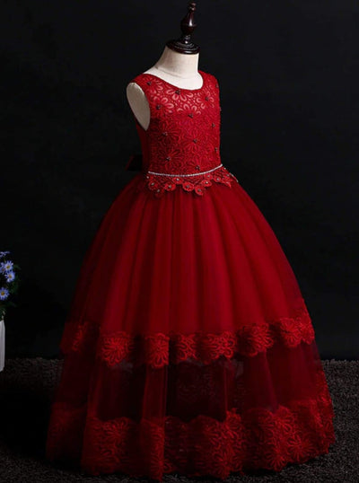 Girls Sleeveless Red Floral Lace Holiday Maxi Dress - Girls Fall Dressy Dress