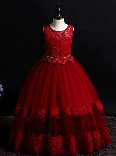 Girls Sleeveless Red Floral Lace Holiday Maxi Dress - Red / 5Y - Girls Fall Dressy Dress