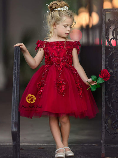 Girls Cute Formal Dresses | Red Off Shoulder Floral Holiday Dress