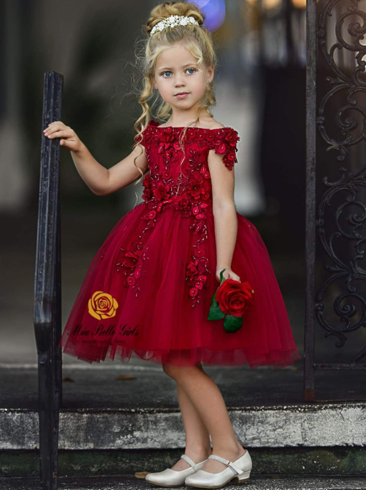 Girls Cute Formal Dresses | Red Off Shoulder Floral Holiday Dress – Mia ...