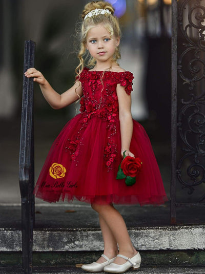 Girls Cute Formal Dresses | Red Off Shoulder Floral Holiday Dress