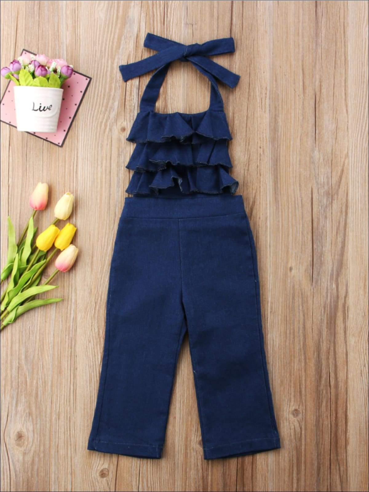 Toddler Spring Outfits | Girls Halter Ruffle Bodice Chambray Jumpsuit