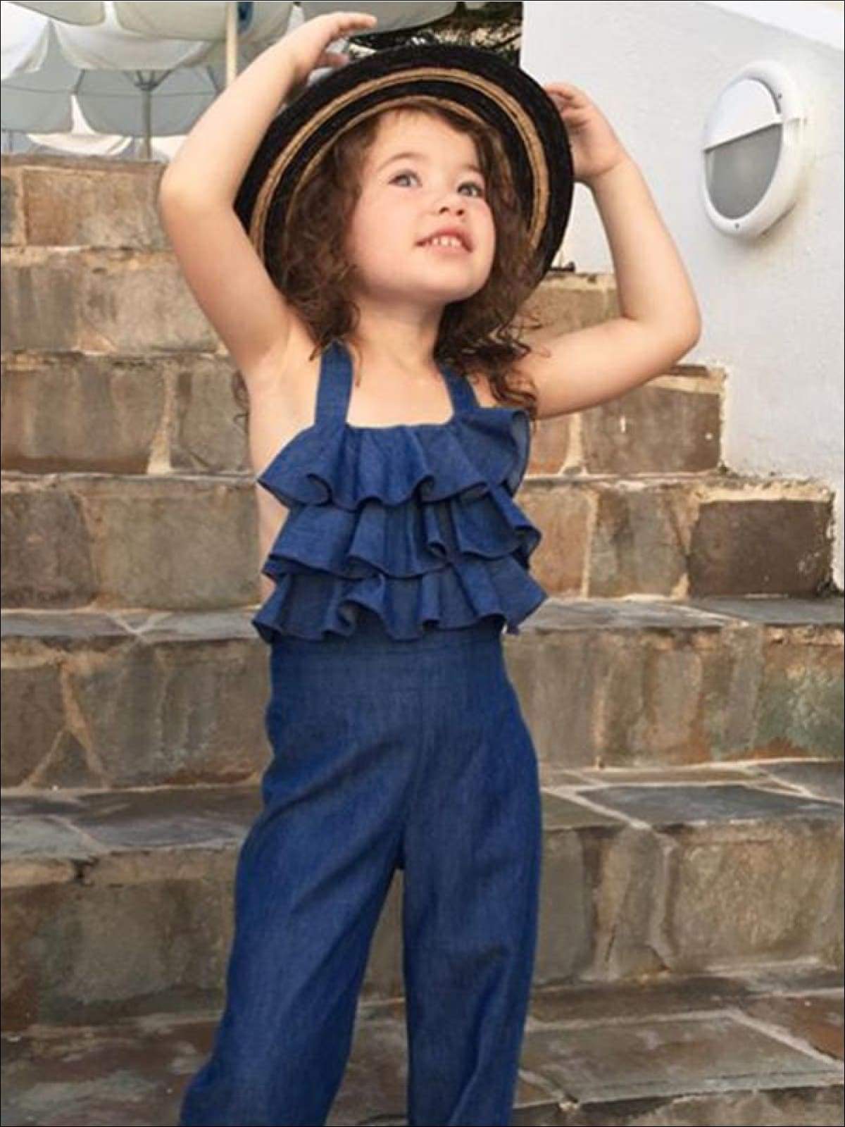 Toddler Spring Outfits | Girls Halter Ruffle Bodice Chambray Jumpsuit