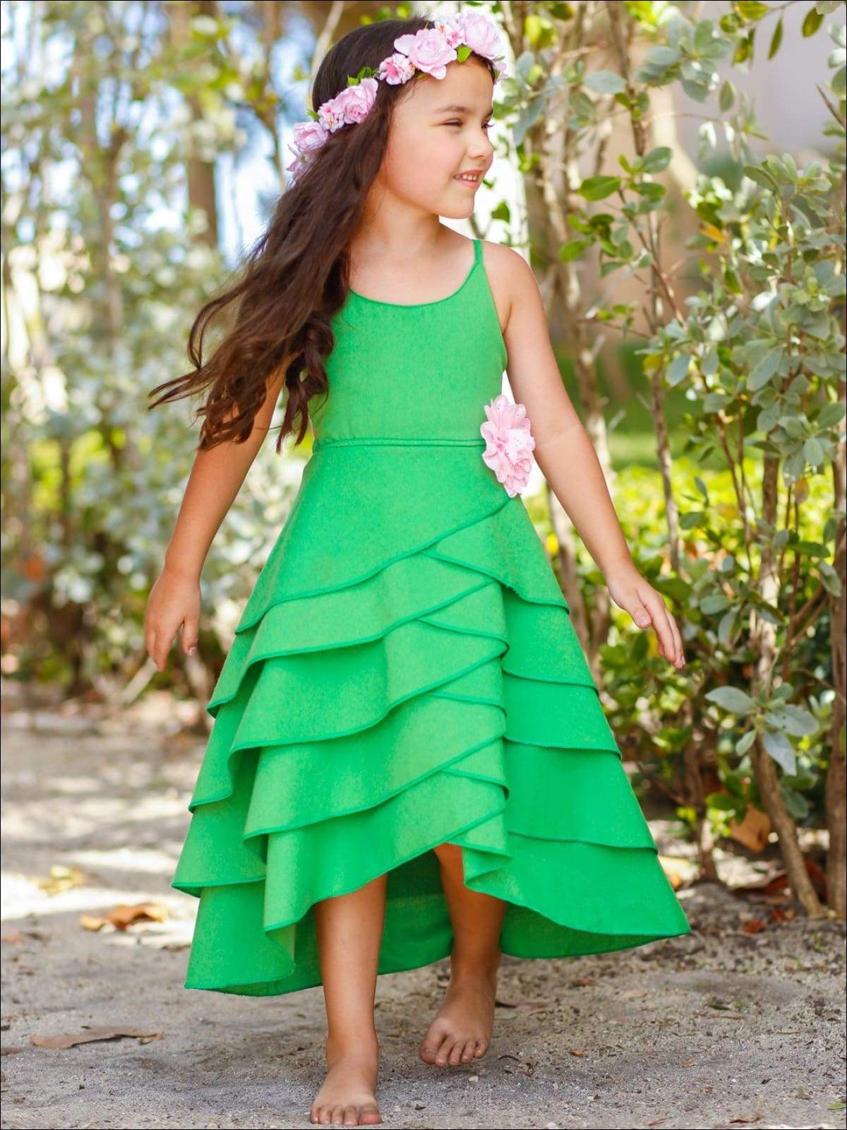 Little girls pretty evergreen sleeveless racerback hi-lo maxi dress with tiered skirt and flower applique - Mia Belle Girls