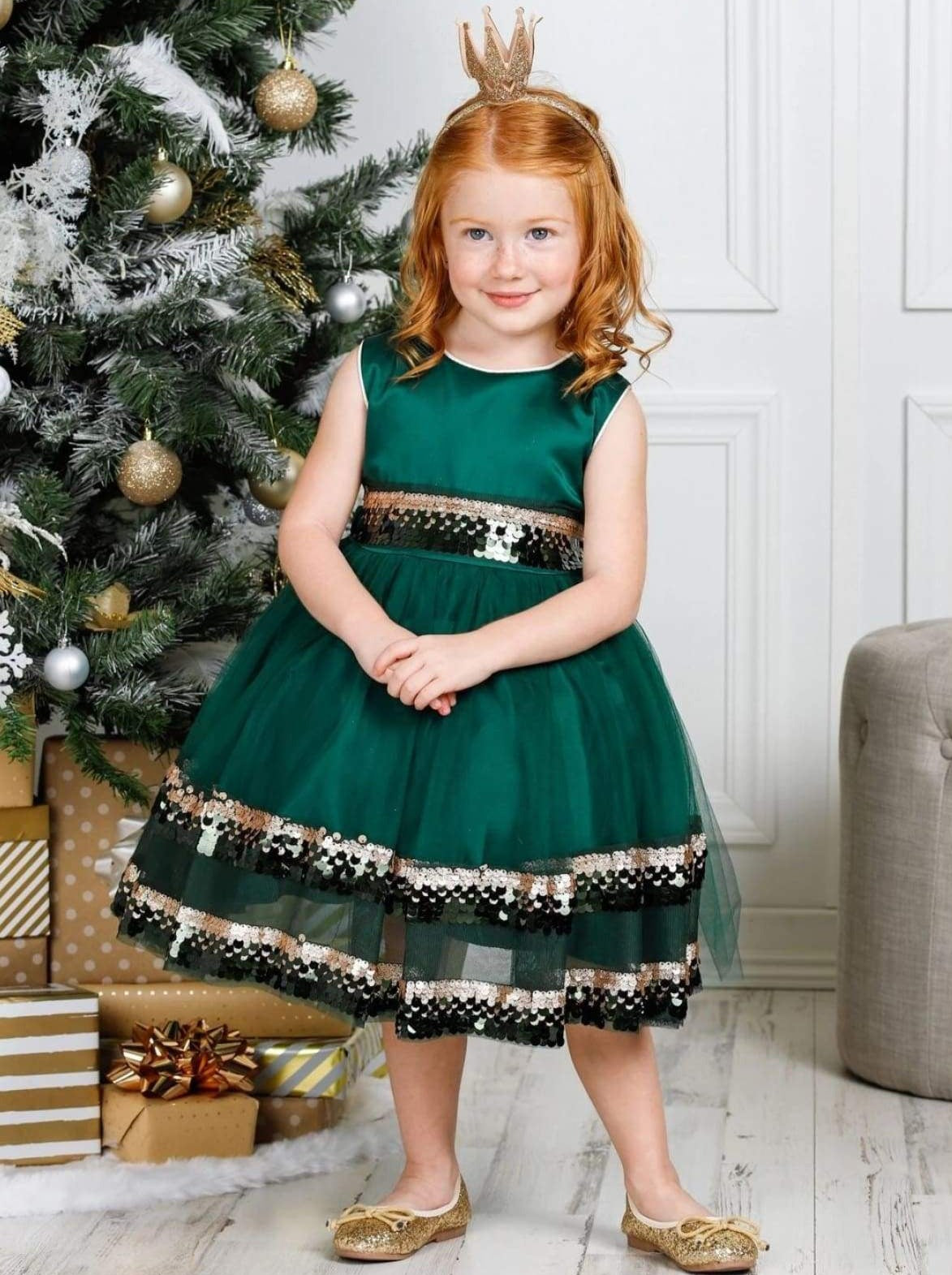 Girls Sparkle Dresses | Tiered Sequined Tulle Dress | Winter Formal