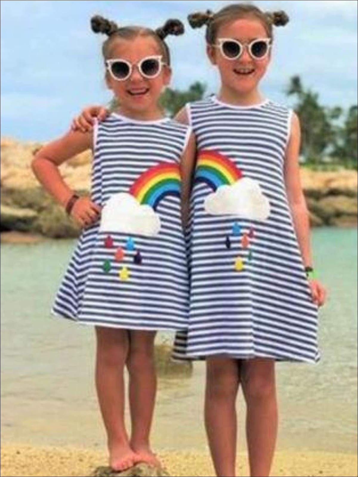 Girls Sleeveless Twinning Striped Rainbow Dress - Girls Casual Spring Dress