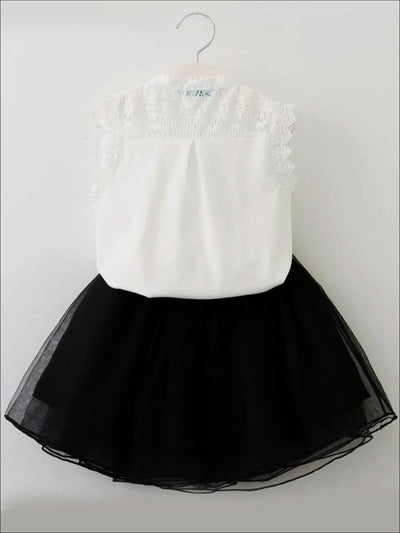 Girls Sleeveless White Button Down Lace Shirt & Black Flower ...