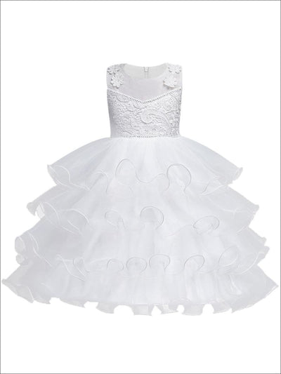 Girls Sleeveless White Floral Lace Embroidery Tiered Ruffled Communion & Flower Girl Party Dress - Girls Gown