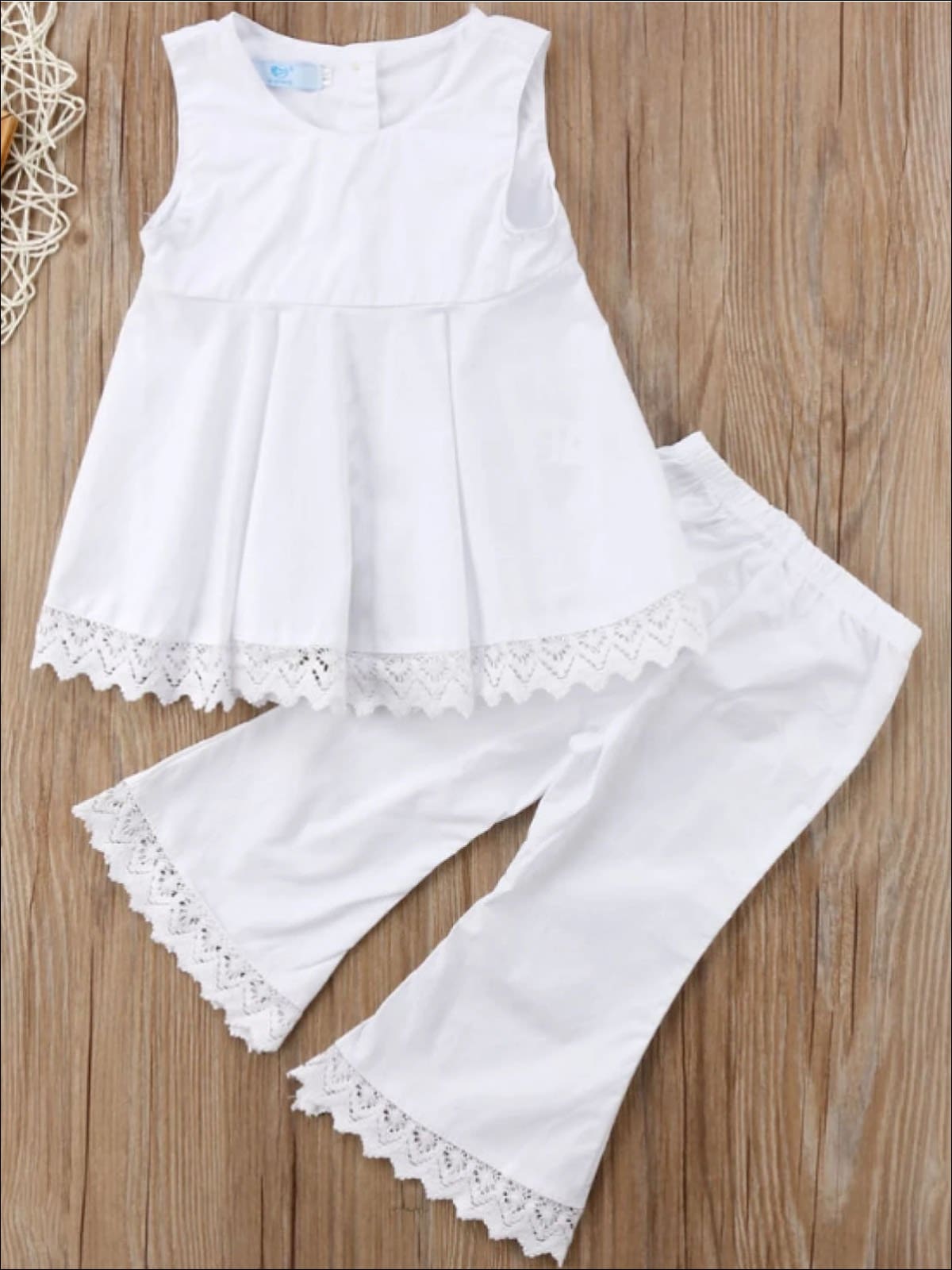 Girls Sleeveless White Lace Trimmed Open Back Tunic & Flared Pant Set - Girls Spring Casual Set