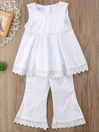 Girls Sleeveless White Lace Trimmed Open Back Tunic & Flared Pant Set - 2T - Girls Spring Casual Set