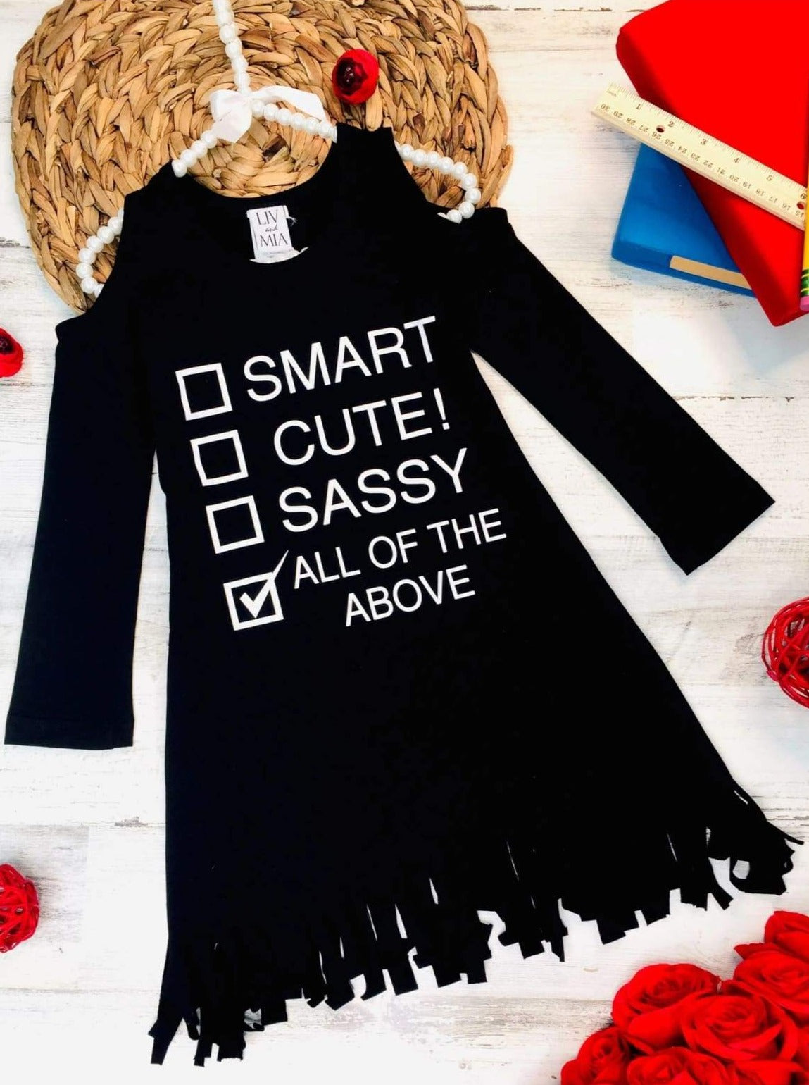 Girls Smart Cute Sassy All of the Above Checklist Cold Shoulder Fringe Graphic Statement Dress - Girls Fall Casual Dress