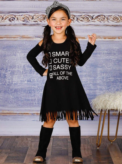 Girls Smart Cute Sassy All of the Above Checklist Cold Shoulder Fringe Graphic Statement Dress - Girls Fall Casual Dress